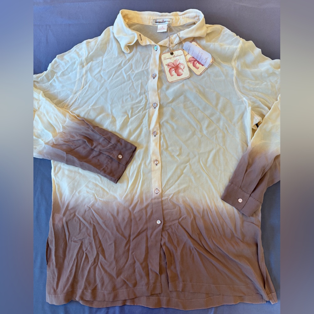 Tommy Bahama 100% Silk Ombré Button Front Blouse Brown Creme Semi-Sheer Beach
